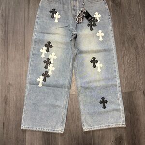 Chrome Hearts Light Blue Jeans with Black and White Crosses